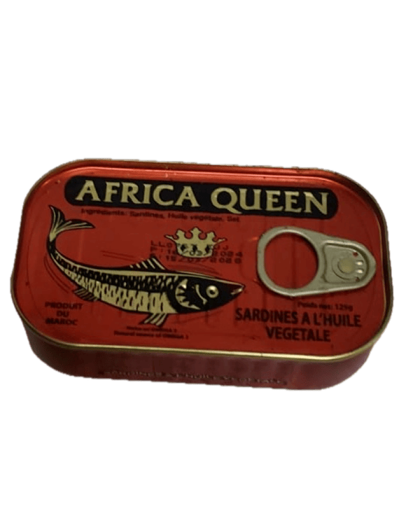 125 gram tin of Africa Queen sardines in vegetable oil, a product of Morocco