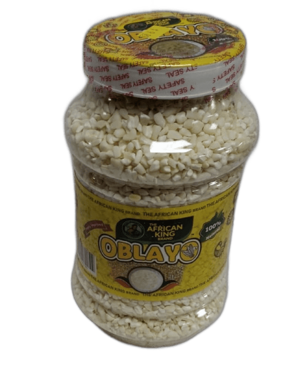 Jar of The African King Brand Oblayo dried white corn, labelled 100% natural