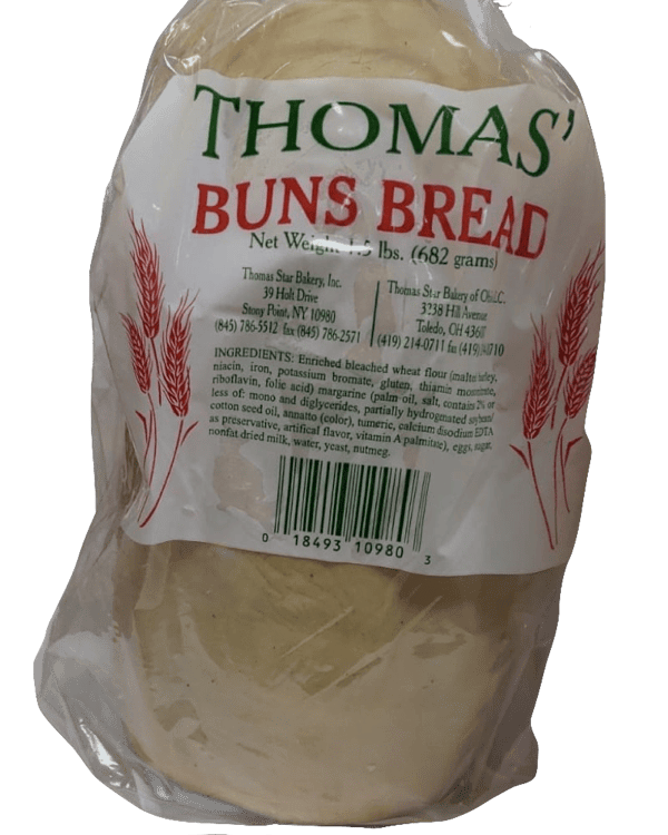 Wrapped 1.5 pound pack of Thomas' Buns Bread from Thomas Star Bakery