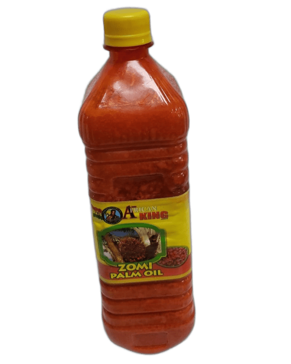 One litre bottle of African King Zomi palm oil with a yellow cap