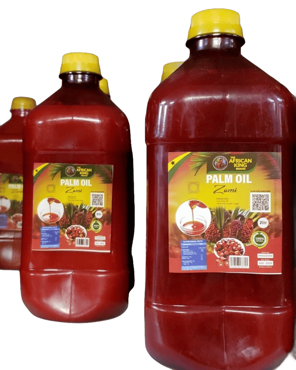 Two litre jugs of The African King Brand Zomi palm oil, marked Product of Ghana